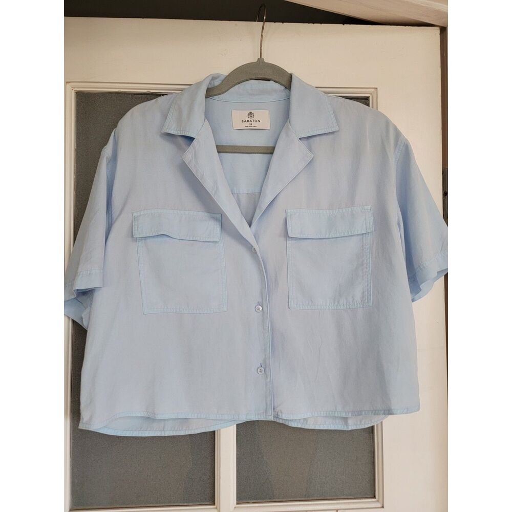 Aritzia Babaton Dottie Shirt XS Light Blue TENCEL Utility Button Up Blouse